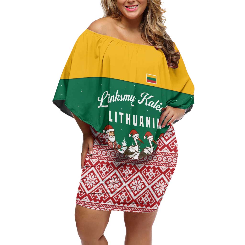 Lithuania Christmas Off Shoulder Short Dress with Santa Sleigh Pulled by Storks and Folk Pattern Design - Wonder Print Shop