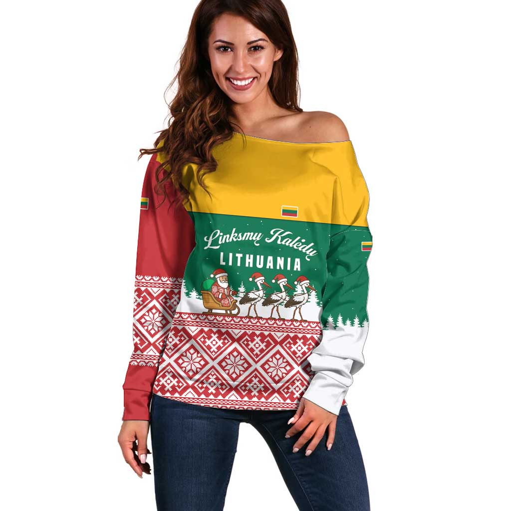 Lithuania Christmas Off Shoulder Sweater with Santa Sleigh Pulled by Storks and Folk Pattern Design - Wonder Print Shop