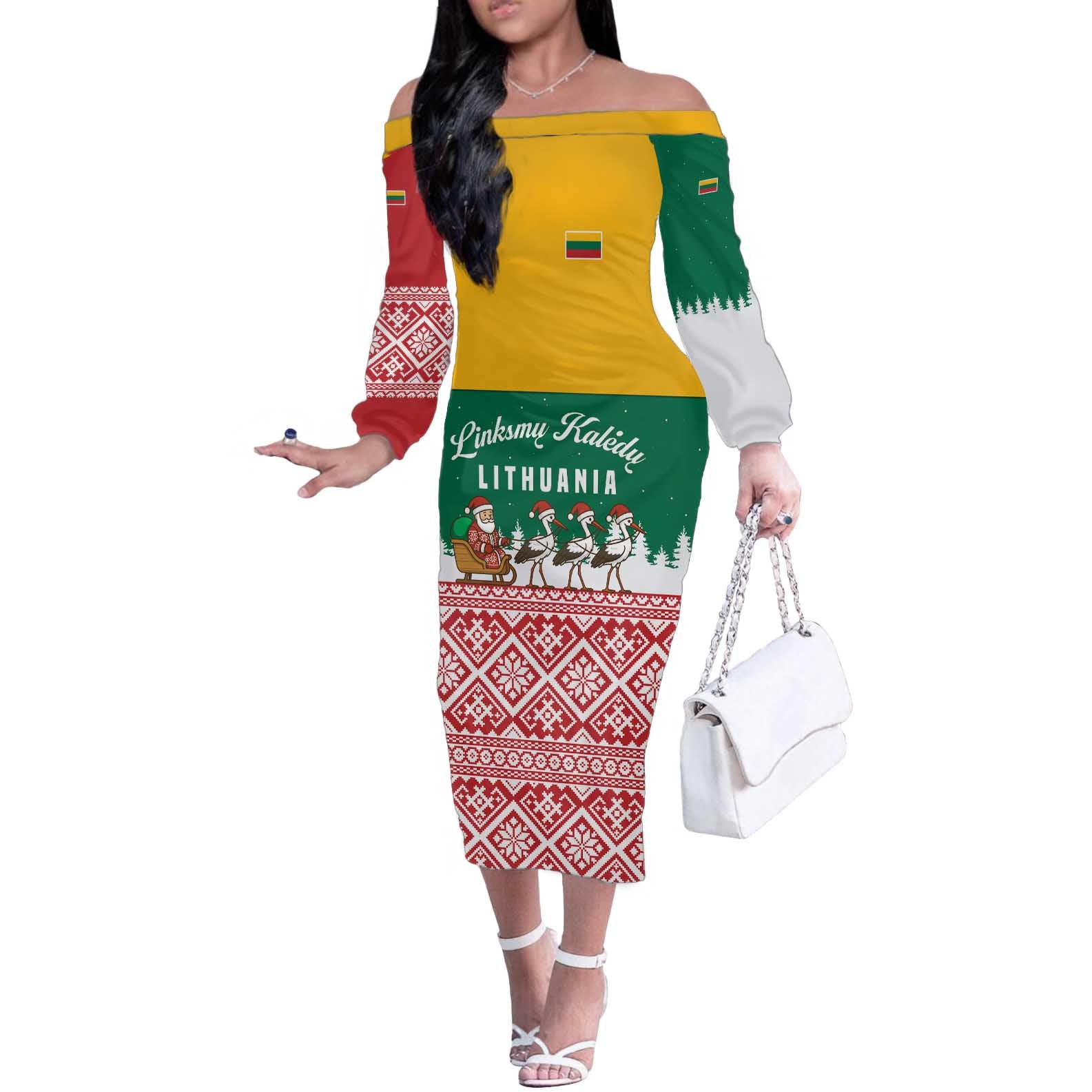 Lithuania Christmas Off The Shoulder Long Sleeve Dress with Santa Sleigh Pulled by Storks and Folk Pattern Design - Wonder Print Shop