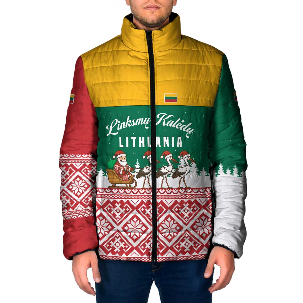 Lithuania Christmas Padded Jacket with Santa Sleigh Pulled by Storks and Folk Pattern Design - Wonder Print Shop