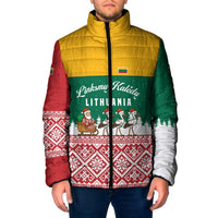 Lithuania Christmas Padded Jacket with Santa Sleigh Pulled by Storks and Folk Pattern Design - Wonder Print Shop