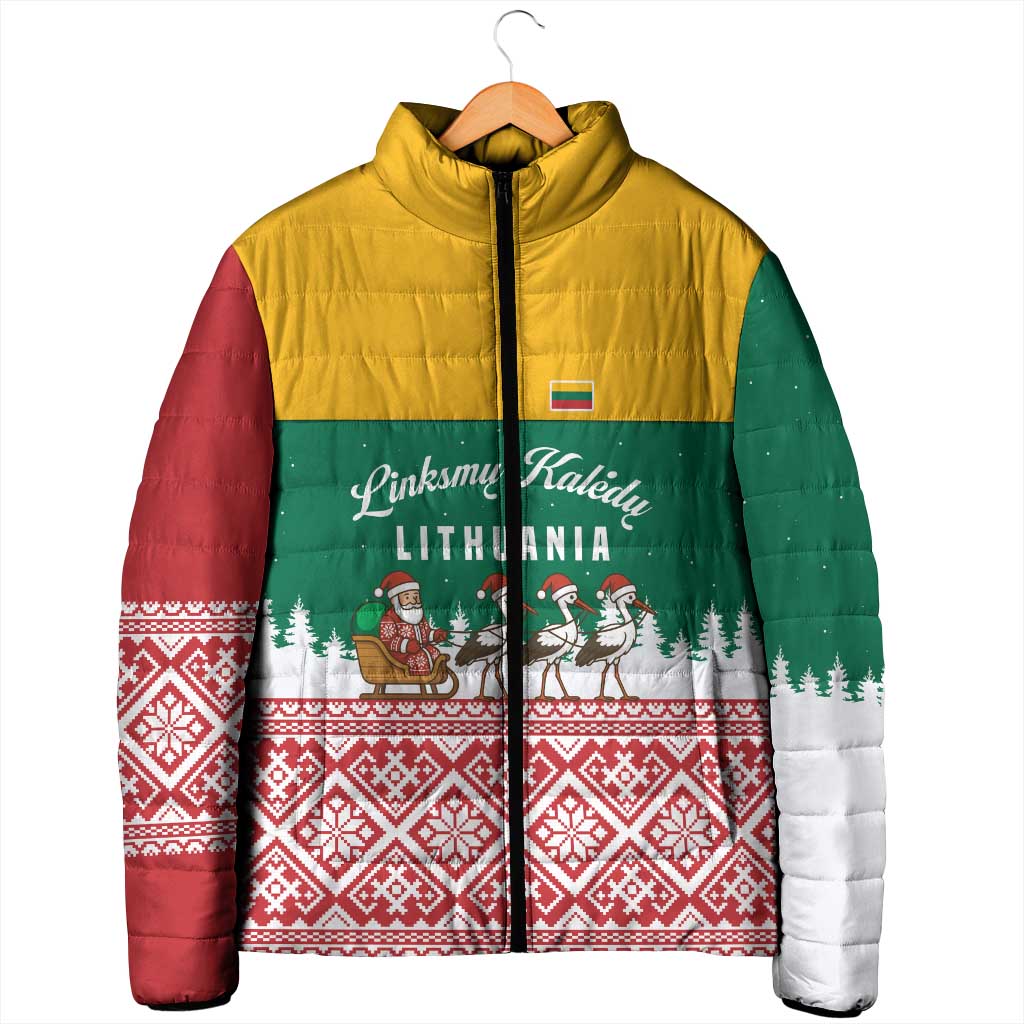 Lithuania Christmas Padded Jacket with Santa Sleigh Pulled by Storks and Folk Pattern Design - Wonder Print Shop