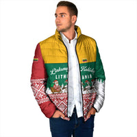 Lithuania Christmas Padded Jacket with Santa Sleigh Pulled by Storks and Folk Pattern Design - Wonder Print Shop