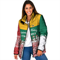 Lithuania Christmas Padded Jacket with Santa Sleigh Pulled by Storks and Folk Pattern Design - Wonder Print Shop