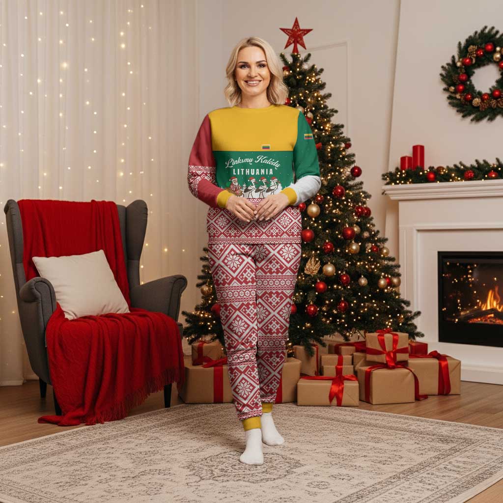 Lithuania Christmas Pajama Set with Santa Sleigh Pulled by Storks and Folk Pattern Design - Wonder Print Shop