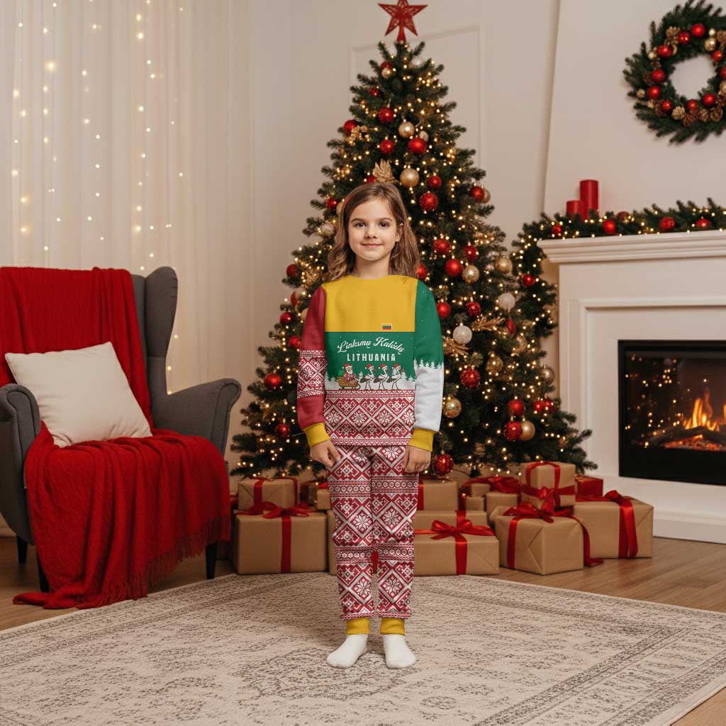 Lithuania Christmas Pajama Set with Santa Sleigh Pulled by Storks and Folk Pattern Design - Wonder Print Shop