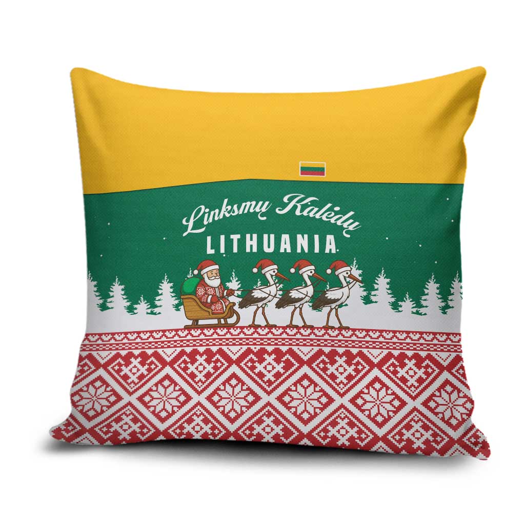 Lithuania Christmas Pillow Cover with Santa Sleigh Pulled by Storks and Folk Pattern Design - Wonder Print Shop