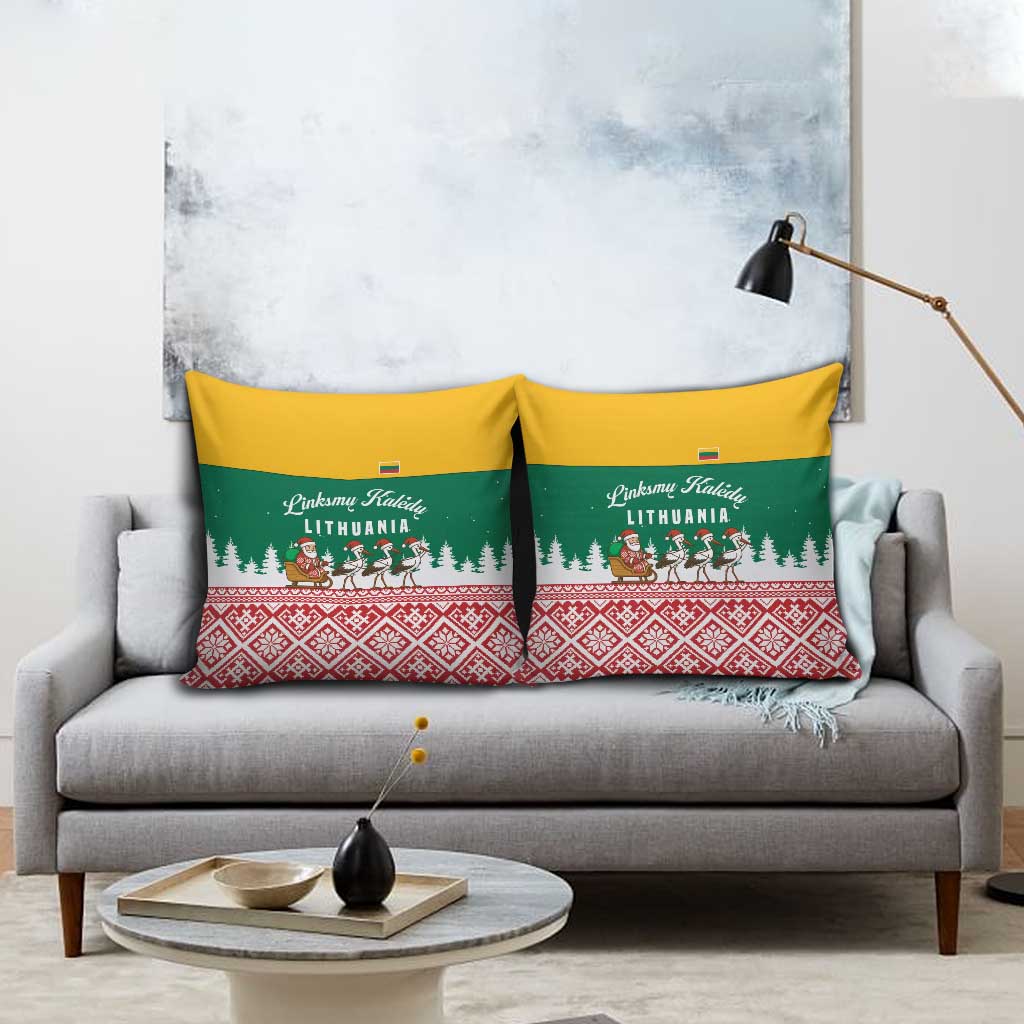 Lithuania Christmas Pillow Cover with Santa Sleigh Pulled by Storks and Folk Pattern Design - Wonder Print Shop