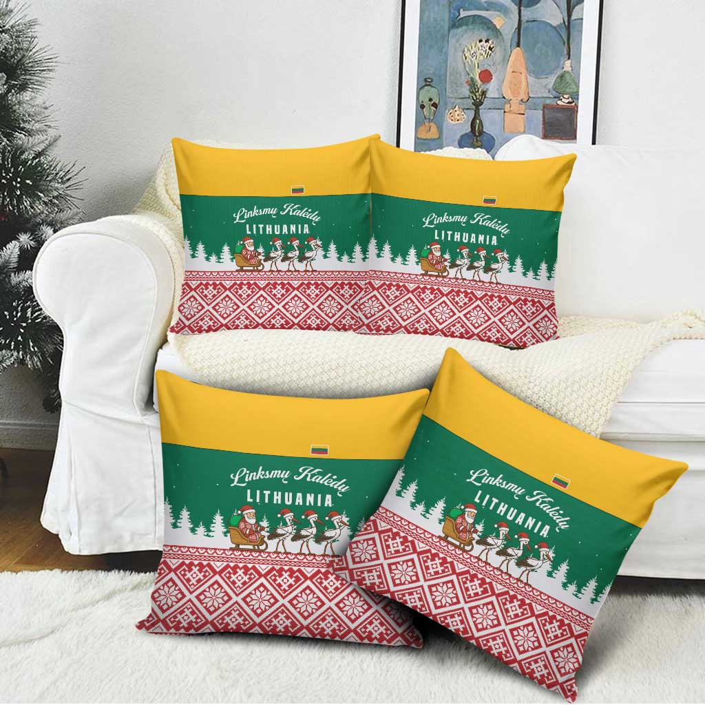 Lithuania Christmas Pillow Cover with Santa Sleigh Pulled by Storks and Folk Pattern Design - Wonder Print Shop
