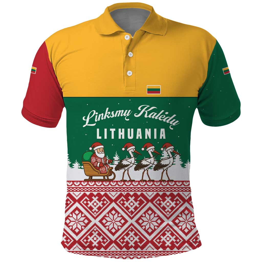 Lithuania Christmas Polo Shirt with Santa Sleigh Pulled by Storks and Folk Pattern Design - Wonder Print Shop