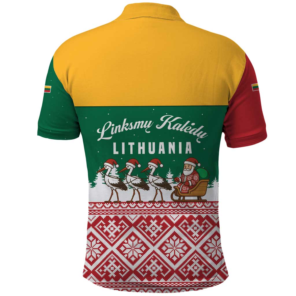 Lithuania Christmas Polo Shirt with Santa Sleigh Pulled by Storks and Folk Pattern Design - Wonder Print Shop