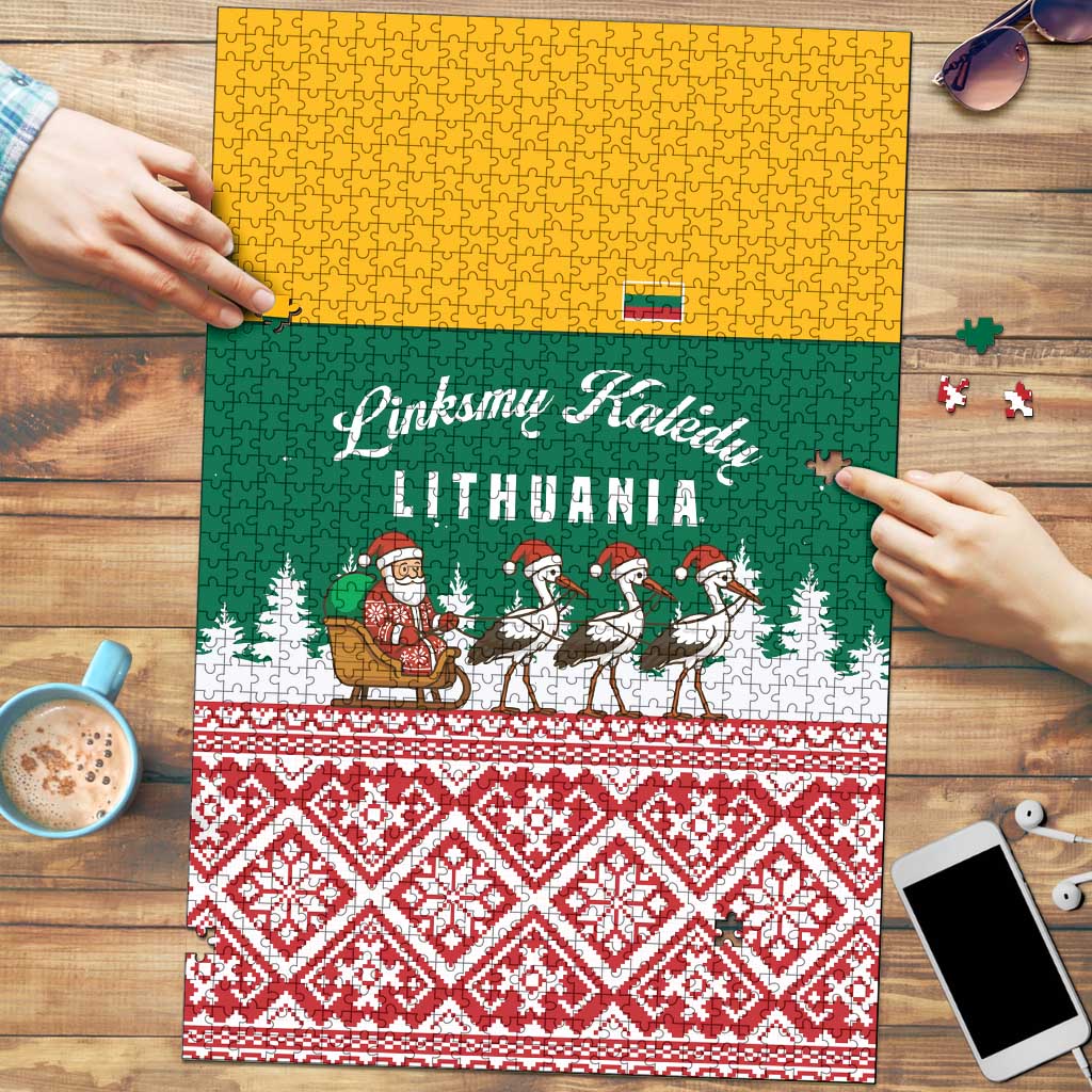 Lithuania Christmas Puzzle with Santa Sleigh Pulled by Storks and Folk Pattern Design - Wonder Print Shop