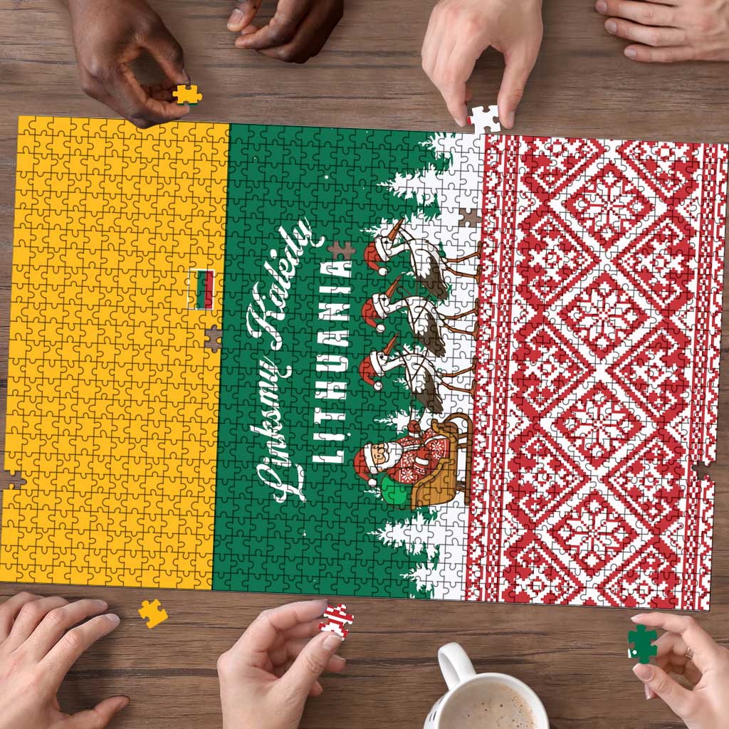 Lithuania Christmas Puzzle with Santa Sleigh Pulled by Storks and Folk Pattern Design - Wonder Print Shop