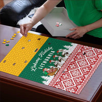 Lithuania Christmas Puzzle with Santa Sleigh Pulled by Storks and Folk Pattern Design - Wonder Print Shop