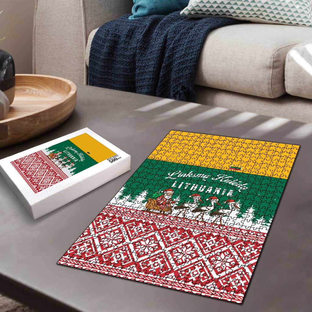Lithuania Christmas Puzzle with Santa Sleigh Pulled by Storks and Folk Pattern Design - Wonder Print Shop
