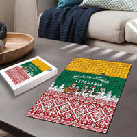 Lithuania Christmas Puzzle with Santa Sleigh Pulled by Storks and Folk Pattern Design - Wonder Print Shop