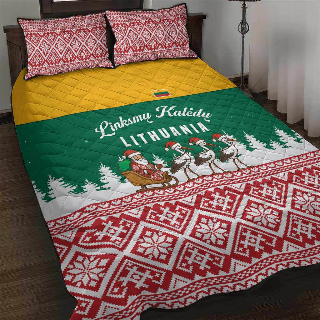 Lithuania Christmas Quilt Bed Set with Santa Sleigh Pulled by Storks and Folk Pattern Design - Wonder Print Shop