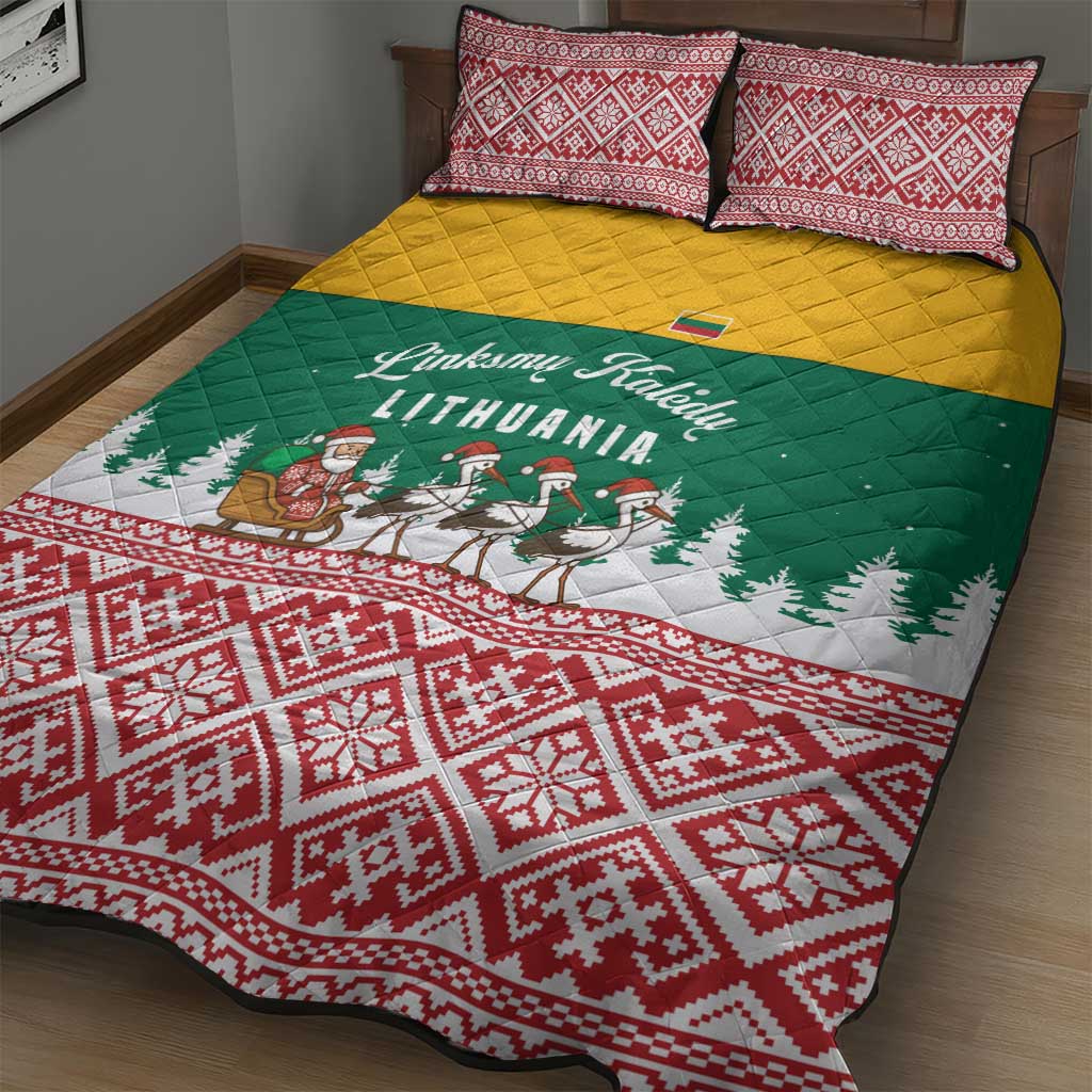 Lithuania Christmas Quilt Bed Set with Santa Sleigh Pulled by Storks and Folk Pattern Design - Wonder Print Shop