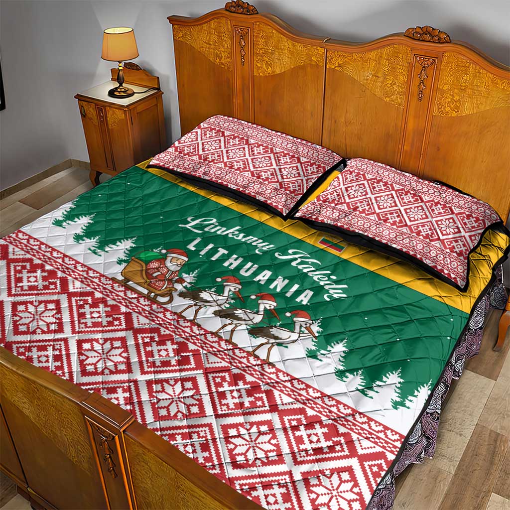 Lithuania Christmas Quilt Bed Set with Santa Sleigh Pulled by Storks and Folk Pattern Design - Wonder Print Shop