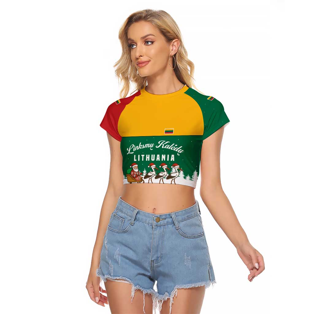 Lithuania Christmas Raglan Cropped T Shirt with Santa Sleigh Pulled by Storks and Folk Pattern Design - Wonder Print Shop