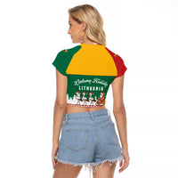 Lithuania Christmas Raglan Cropped T Shirt with Santa Sleigh Pulled by Storks and Folk Pattern Design - Wonder Print Shop