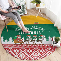 Lithuania Christmas Round Carpet with Santa Sleigh Pulled by Storks and Folk Pattern Design - Wonder Print Shop