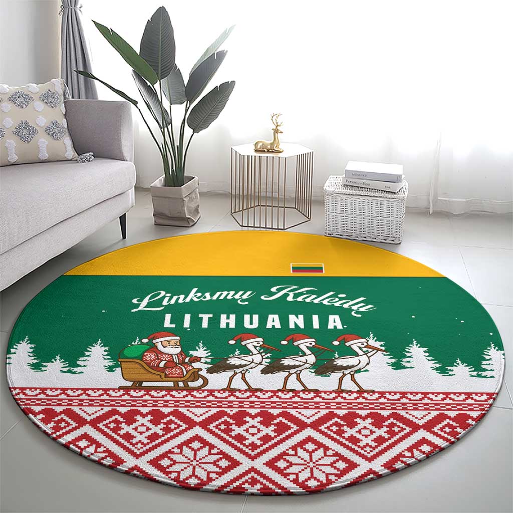 Lithuania Christmas Round Carpet with Santa Sleigh Pulled by Storks and Folk Pattern Design - Wonder Print Shop
