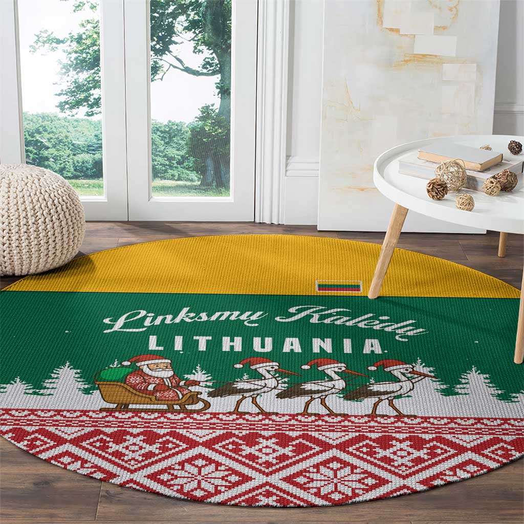 Lithuania Christmas Round Carpet with Santa Sleigh Pulled by Storks and Folk Pattern Design - Wonder Print Shop
