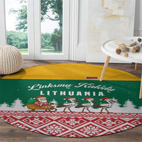 Lithuania Christmas Round Carpet with Santa Sleigh Pulled by Storks and Folk Pattern Design - Wonder Print Shop