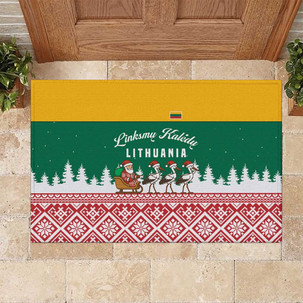 Lithuania Christmas Rubber Doormat with Santa Sleigh Pulled by Storks and Folk Pattern Design - Wonder Print Shop