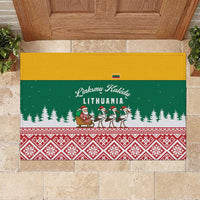 Lithuania Christmas Rubber Doormat with Santa Sleigh Pulled by Storks and Folk Pattern Design - Wonder Print Shop