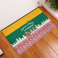 Lithuania Christmas Rubber Doormat with Santa Sleigh Pulled by Storks and Folk Pattern Design - Wonder Print Shop