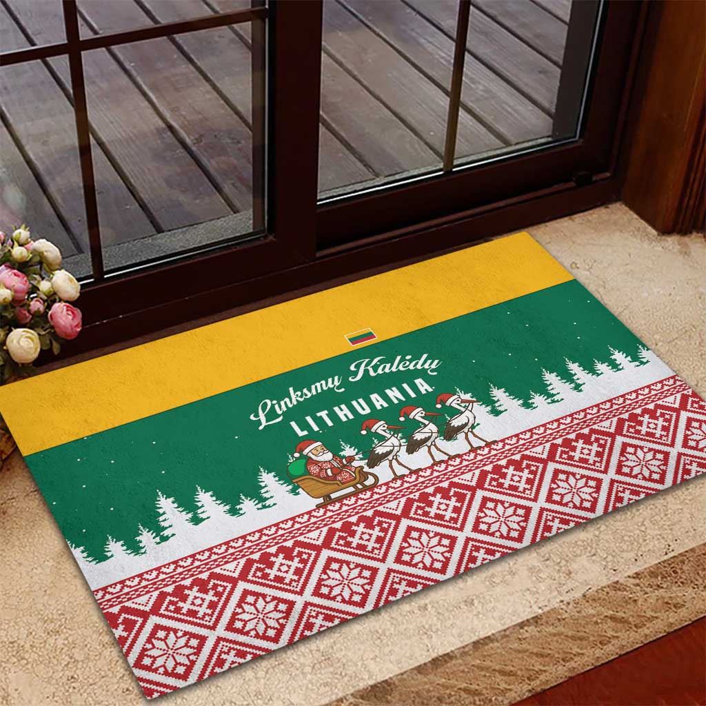 Lithuania Christmas Rubber Doormat with Santa Sleigh Pulled by Storks and Folk Pattern Design - Wonder Print Shop