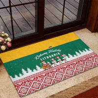 Lithuania Christmas Rubber Doormat with Santa Sleigh Pulled by Storks and Folk Pattern Design - Wonder Print Shop