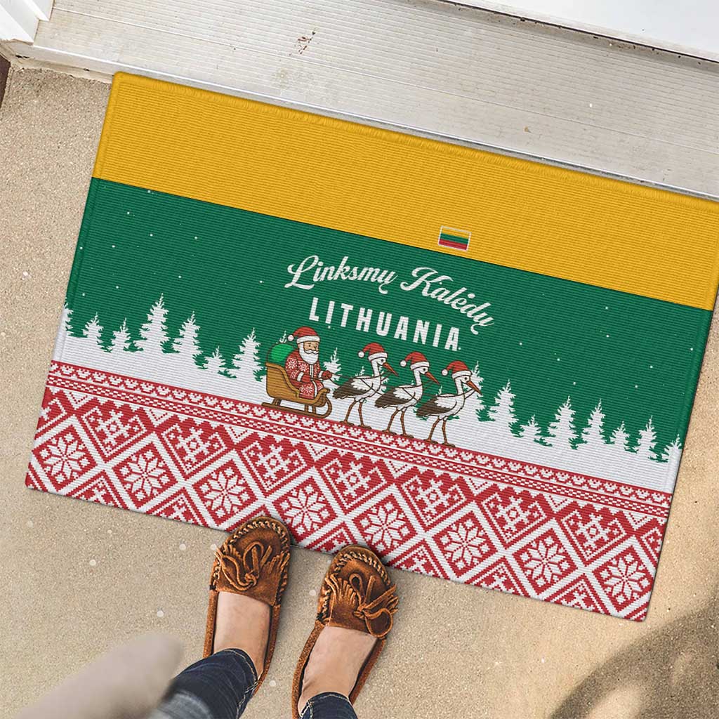 Lithuania Christmas Rubber Doormat with Santa Sleigh Pulled by Storks and Folk Pattern Design - Wonder Print Shop