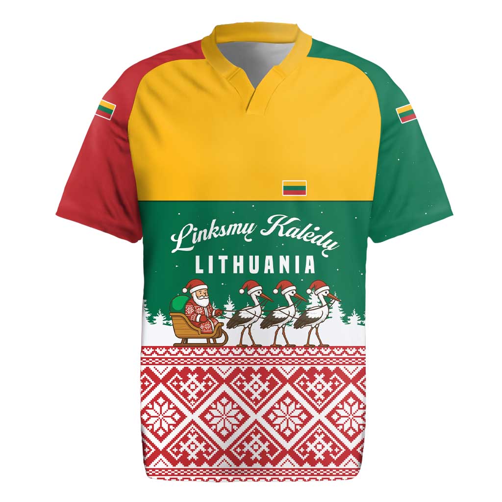 Lithuania Christmas Rugby Jersey with Santa Sleigh Pulled by Storks and Folk Pattern Design - Wonder Print Shop