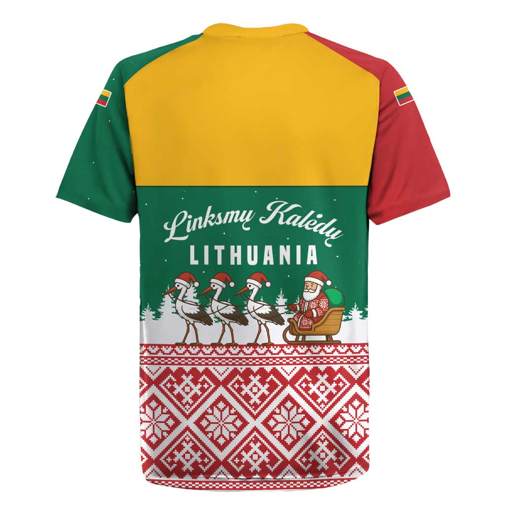 Lithuania Christmas Rugby Jersey with Santa Sleigh Pulled by Storks and Folk Pattern Design - Wonder Print Shop