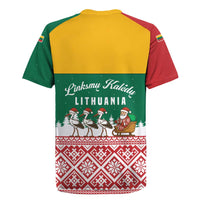 Lithuania Christmas Rugby Jersey with Santa Sleigh Pulled by Storks and Folk Pattern Design - Wonder Print Shop
