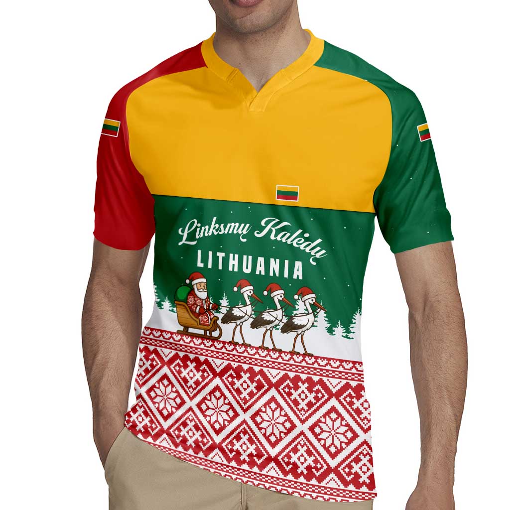 Lithuania Christmas Rugby Jersey with Santa Sleigh Pulled by Storks and Folk Pattern Design - Wonder Print Shop