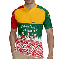 Lithuania Christmas Rugby Jersey with Santa Sleigh Pulled by Storks and Folk Pattern Design - Wonder Print Shop