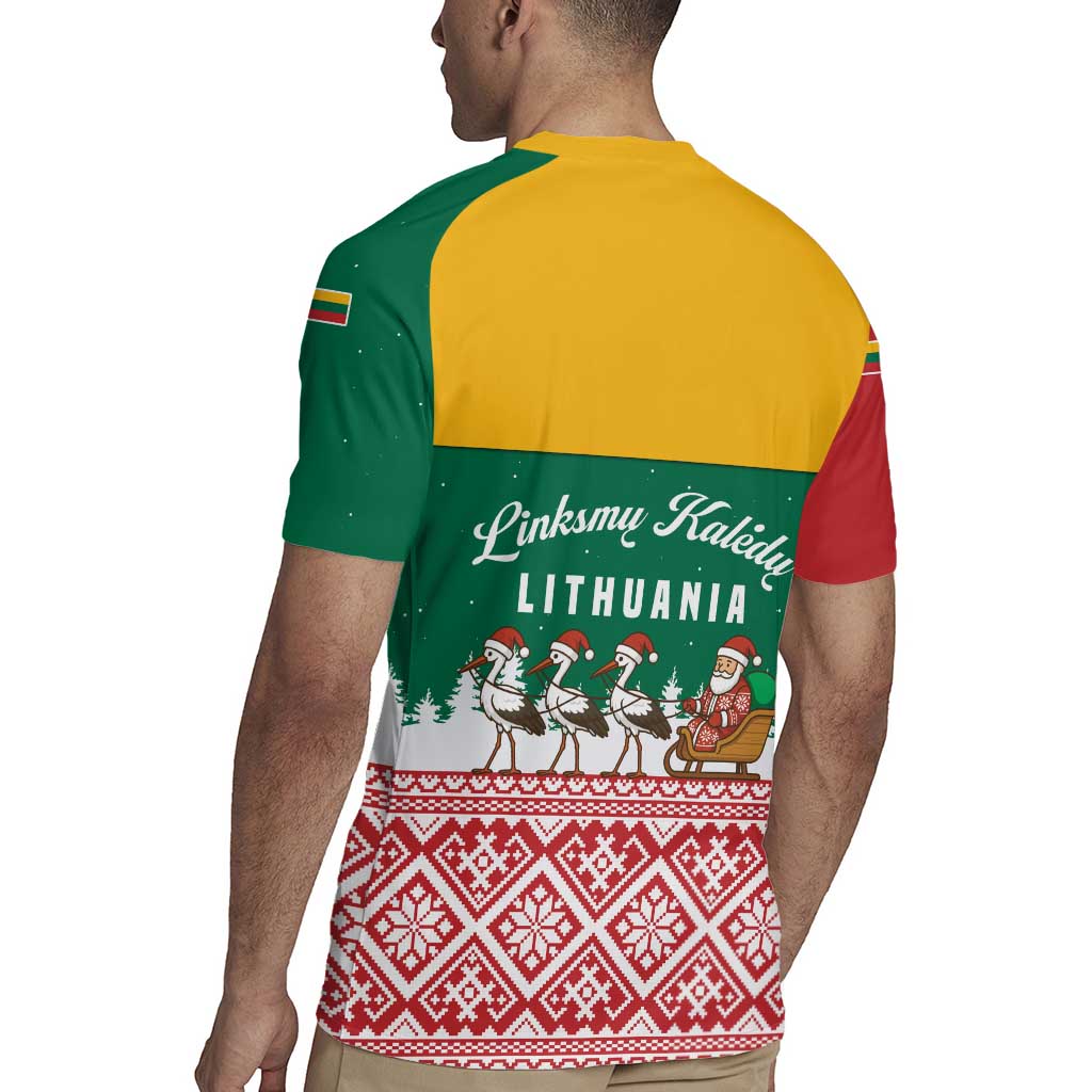 Lithuania Christmas Rugby Jersey with Santa Sleigh Pulled by Storks and Folk Pattern Design - Wonder Print Shop