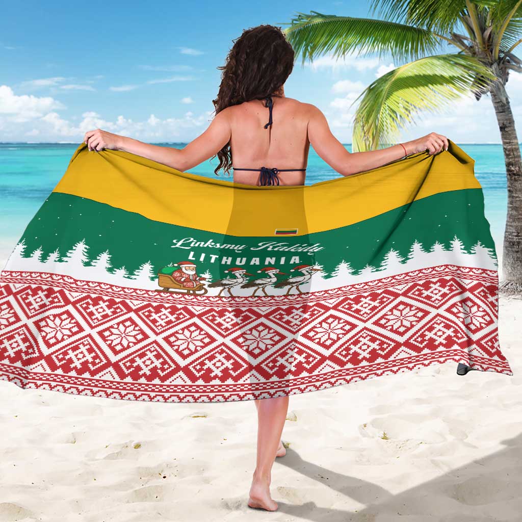 Lithuania Christmas Sarong with Santa Sleigh Pulled by Storks and Folk Pattern Design - Wonder Print Shop