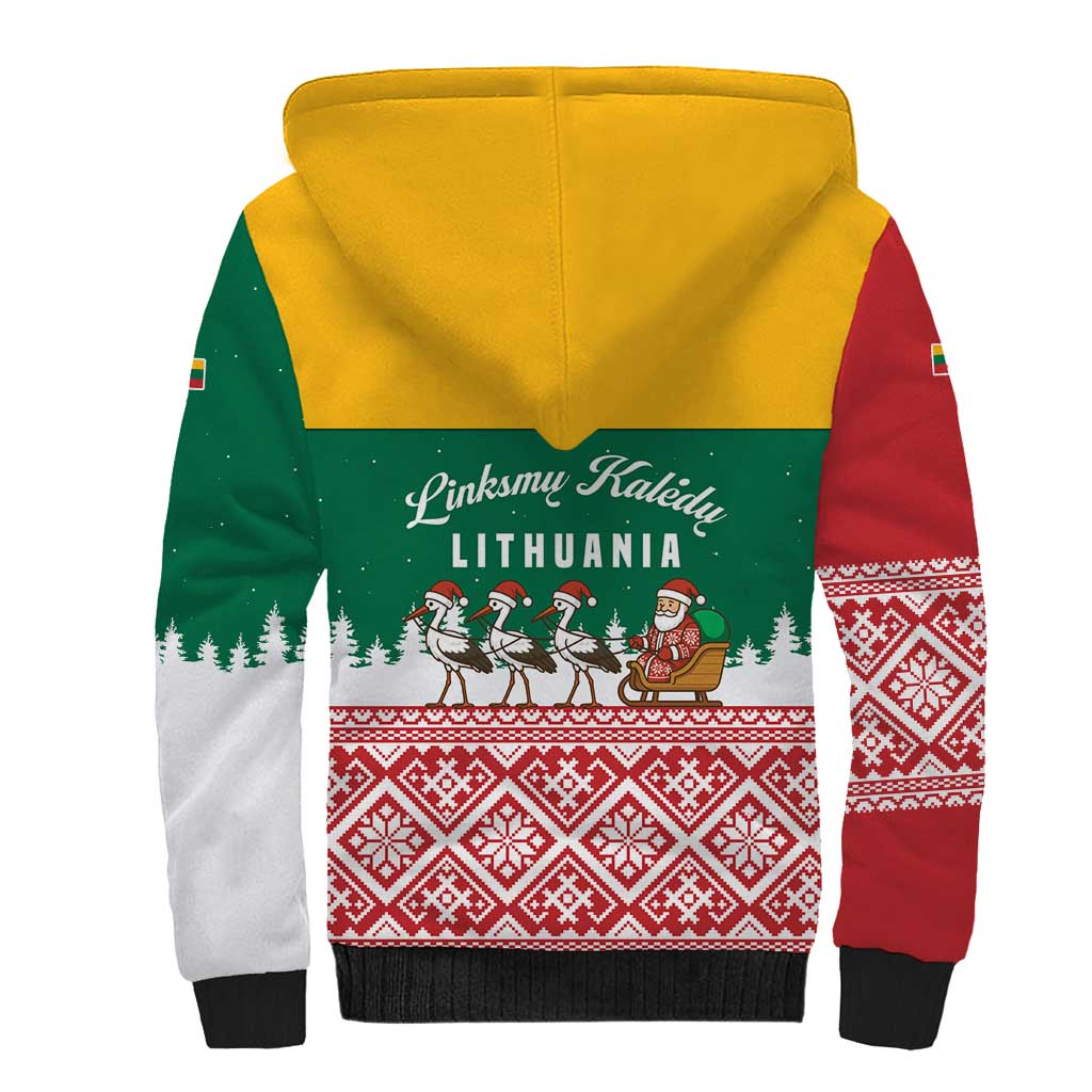 Lithuania Christmas Sherpa Hoodie with Santa Sleigh Pulled by Storks and Folk Pattern Design - Wonder Print Shop