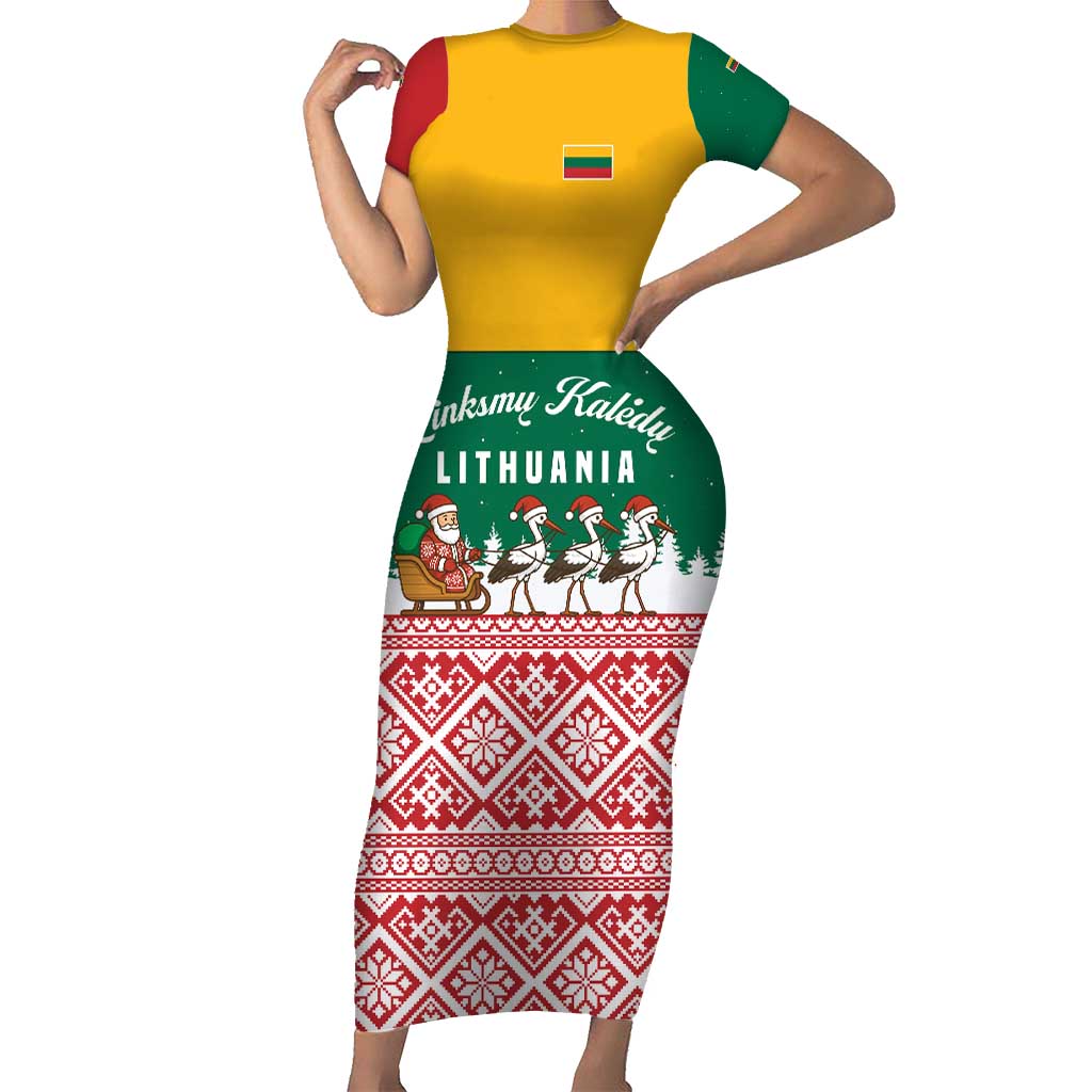 Lithuania Christmas Short Sleeve Bodycon Dress with Santa Sleigh Pulled by Storks and Folk Pattern Design - Wonder Print Shop