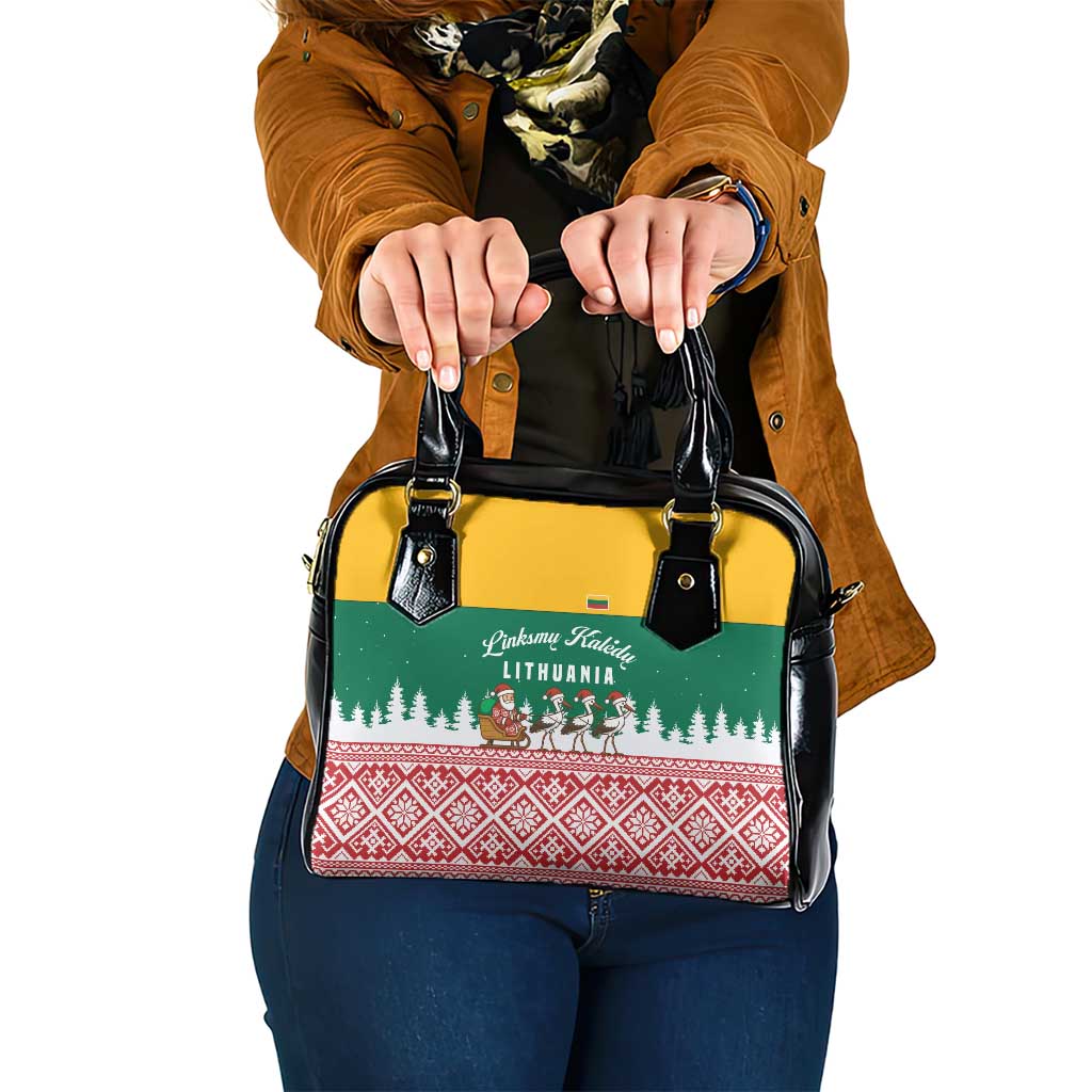 Lithuania Christmas Shoulder Handbag with Santa Sleigh Pulled by Storks and Folk Pattern Design - Wonder Print Shop