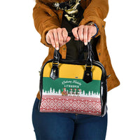 Lithuania Christmas Shoulder Handbag with Santa Sleigh Pulled by Storks and Folk Pattern Design - Wonder Print Shop