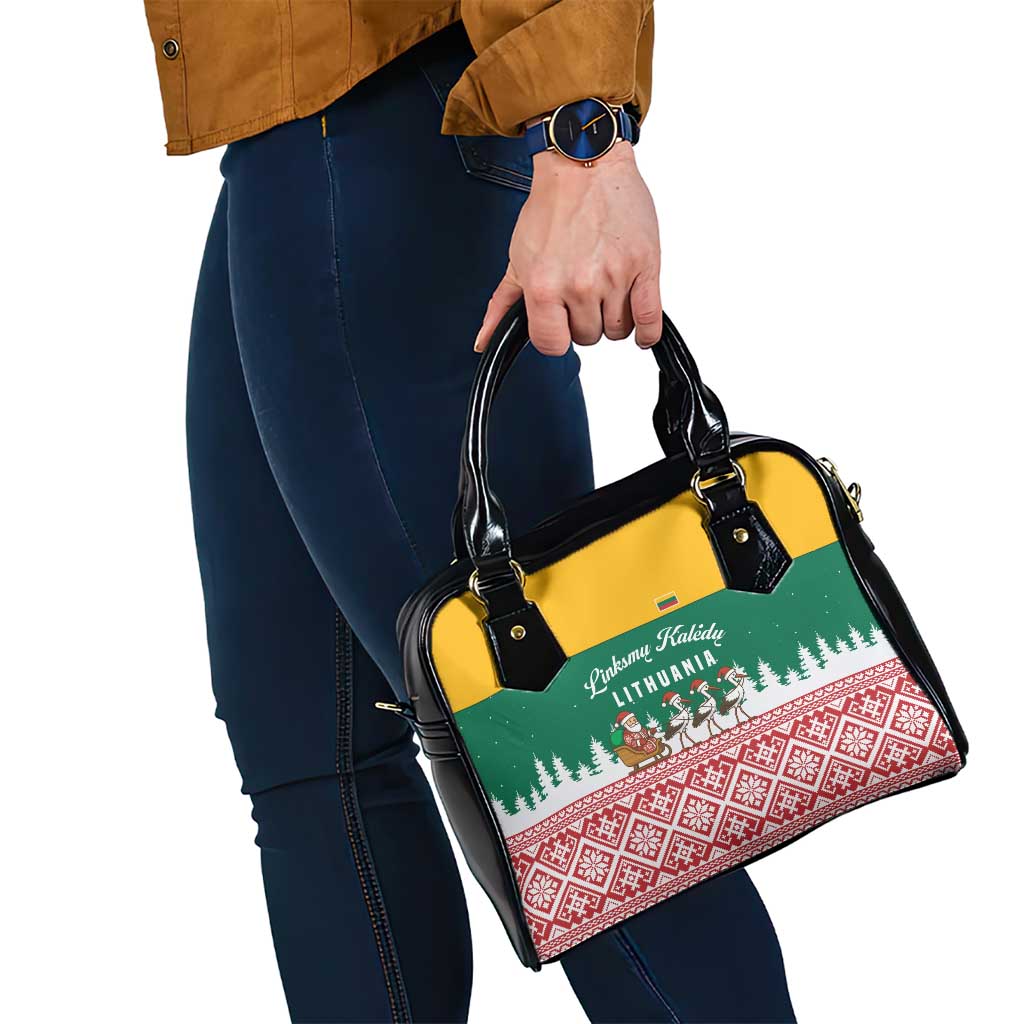 Lithuania Christmas Shoulder Handbag with Santa Sleigh Pulled by Storks and Folk Pattern Design - Wonder Print Shop