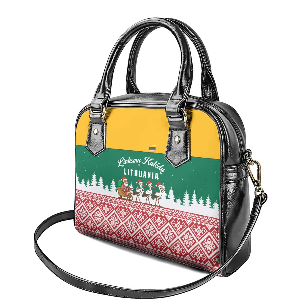 Lithuania Christmas Shoulder Handbag with Santa Sleigh Pulled by Storks and Folk Pattern Design - Wonder Print Shop