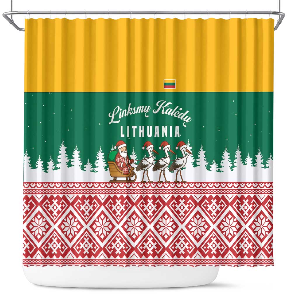 Lithuania Christmas Shower Curtain with Santa Sleigh Pulled by Storks and Folk Pattern Design - Wonder Print Shop