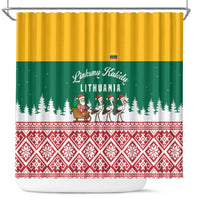 Lithuania Christmas Shower Curtain with Santa Sleigh Pulled by Storks and Folk Pattern Design - Wonder Print Shop